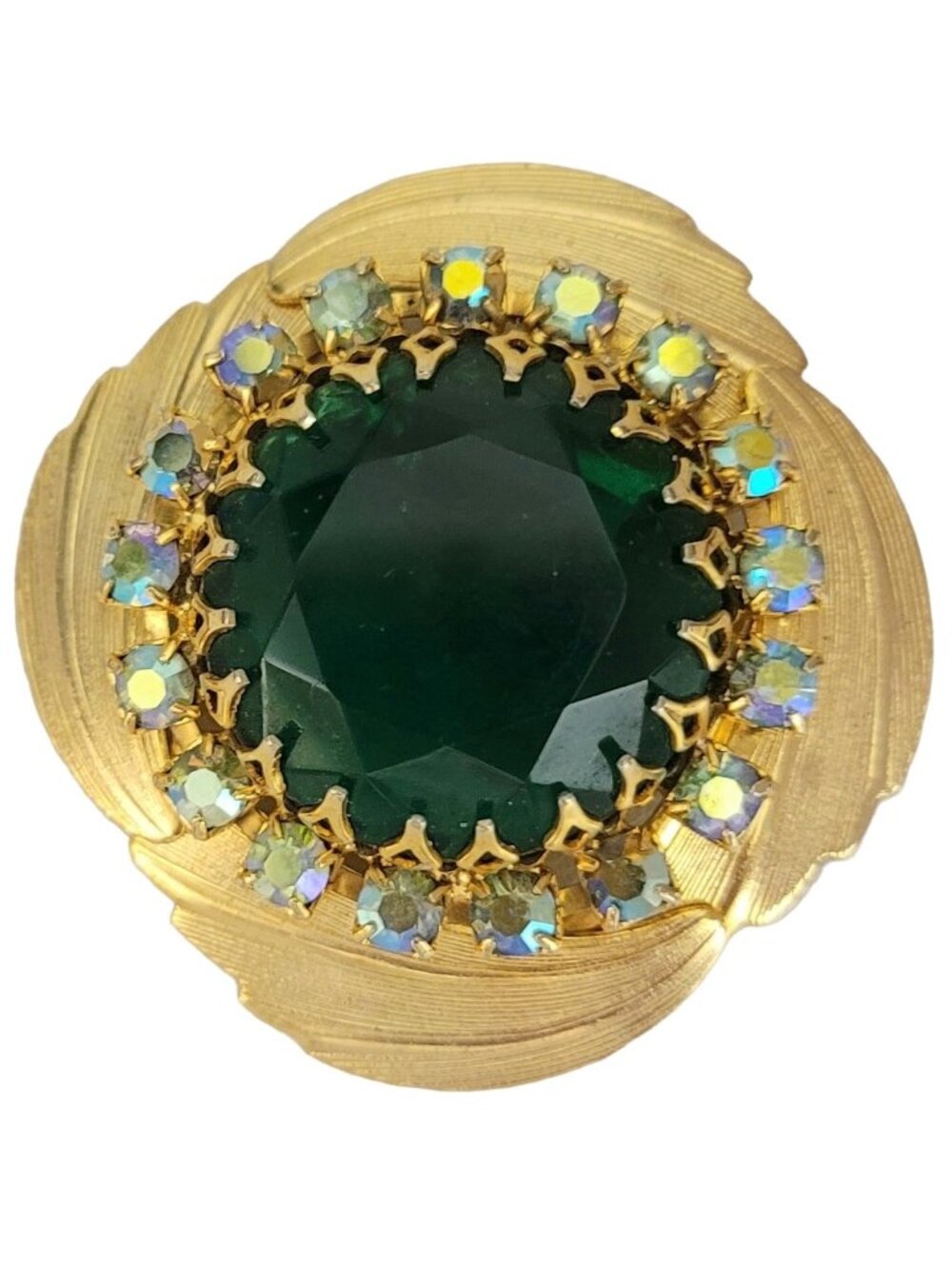 Gold Tone AB Rhinestone Green Chunky Center Flower Brooch